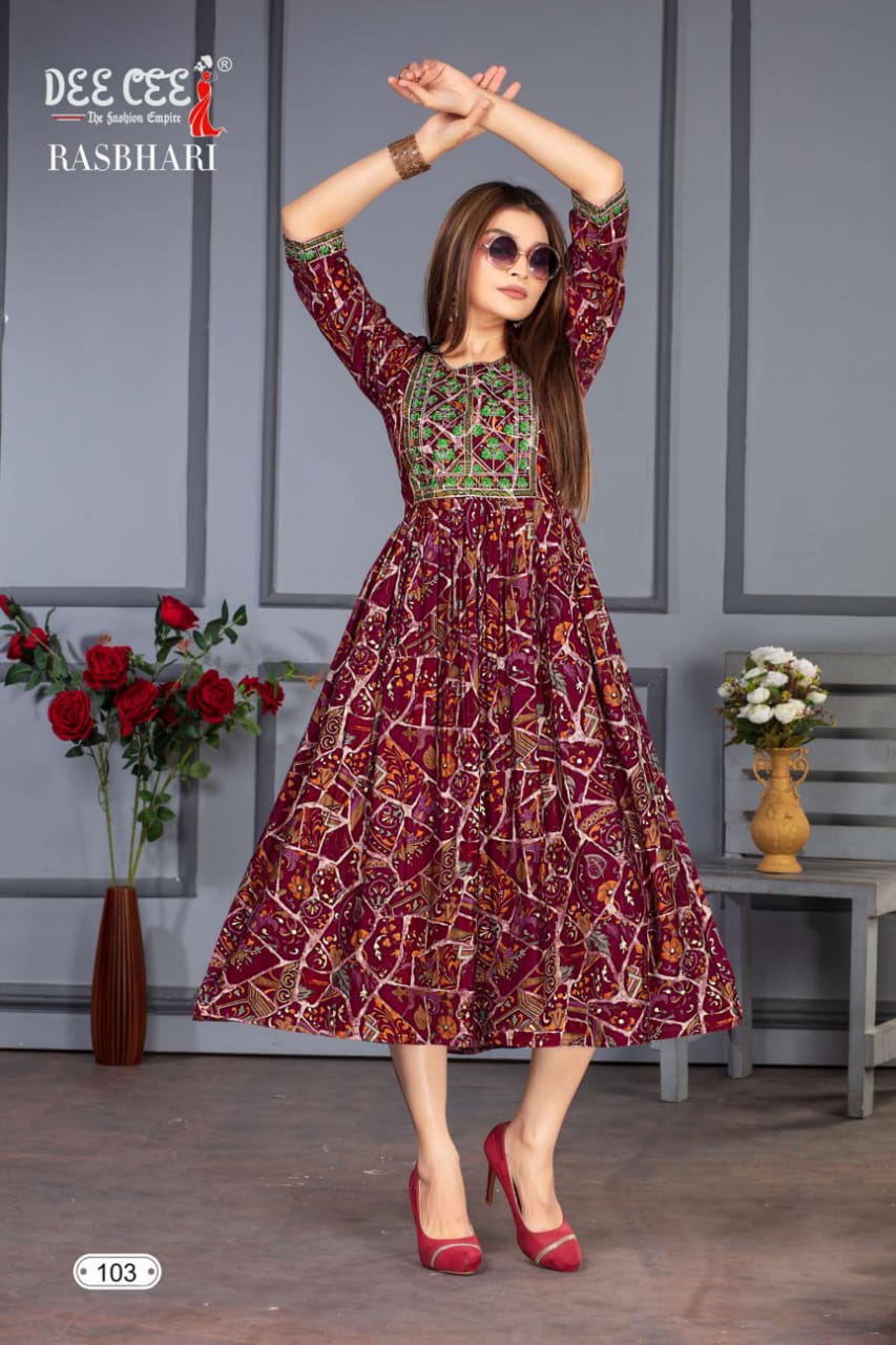 Rasbhar By Dee Cee 101 To 106 Printed Anarkali Kurtis Exporters In India